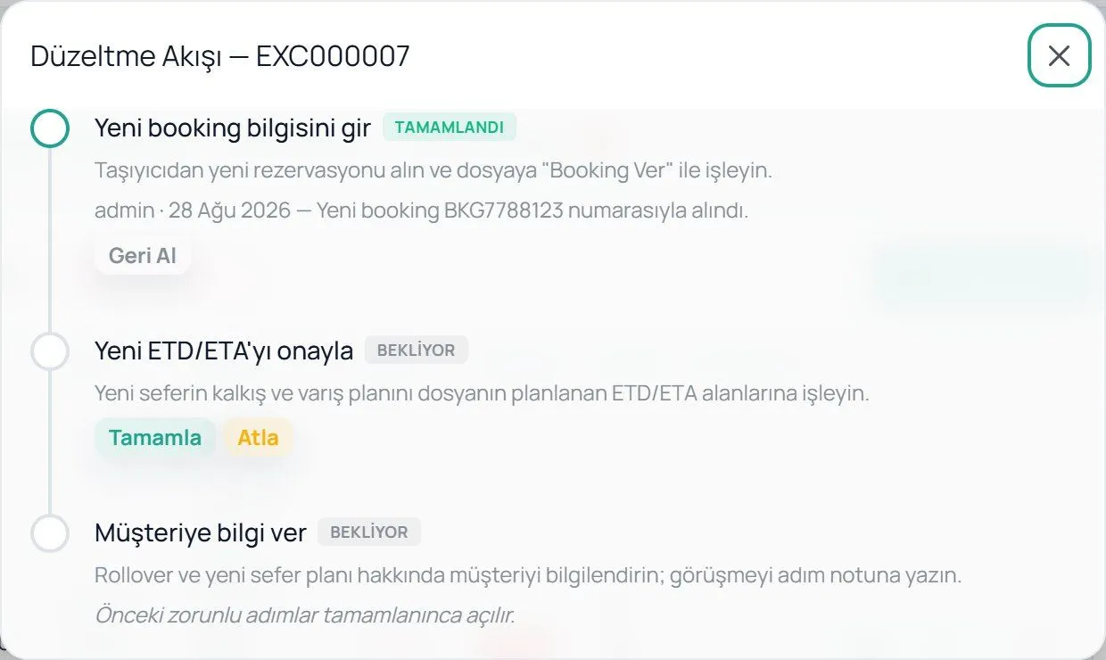 Step-by-step fix-up flow for a rollover exception