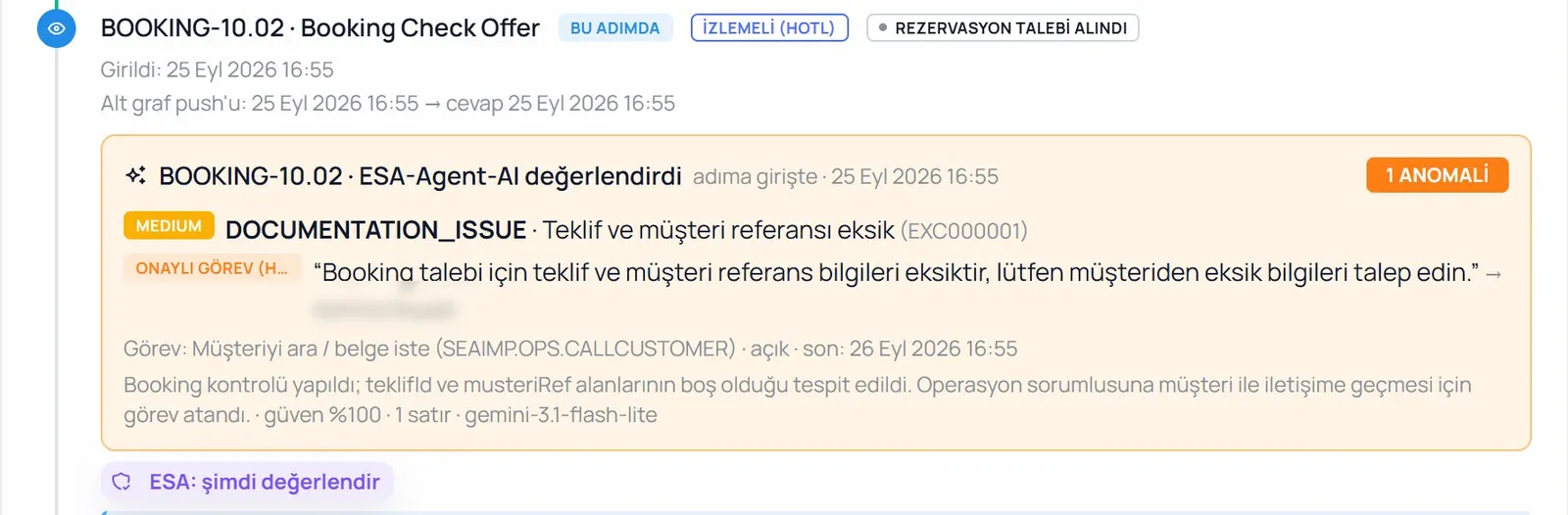 ESA card on the Process tab: the gap found, the exception opened and the task assigned to the operations owner